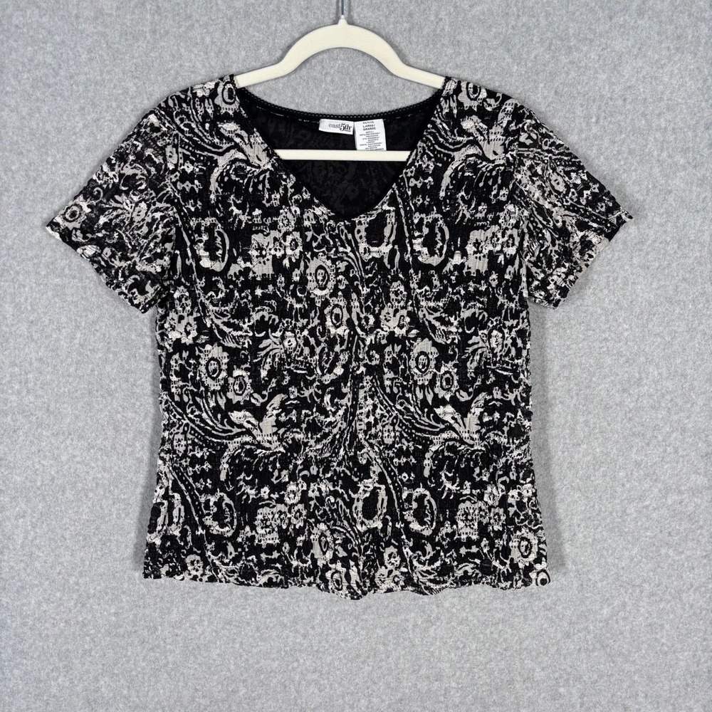 VTG 90s Crinkle Crochet Fairy Top Large‎ Black White Paisley Romantic Artsy